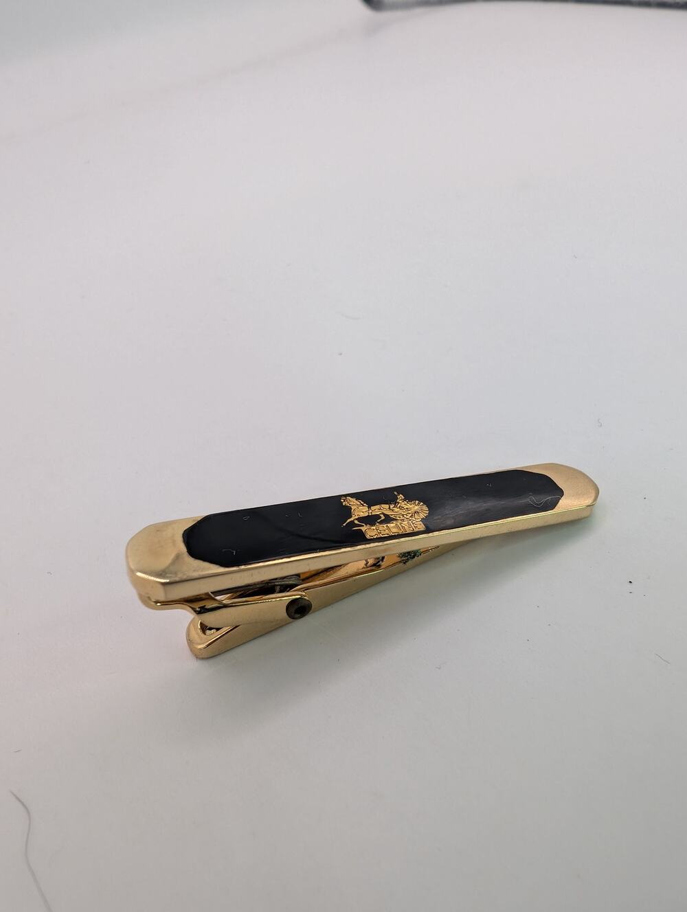Authentic Vintage Celine Gold Tone Black Enamel Necktie Clip Horse Logo